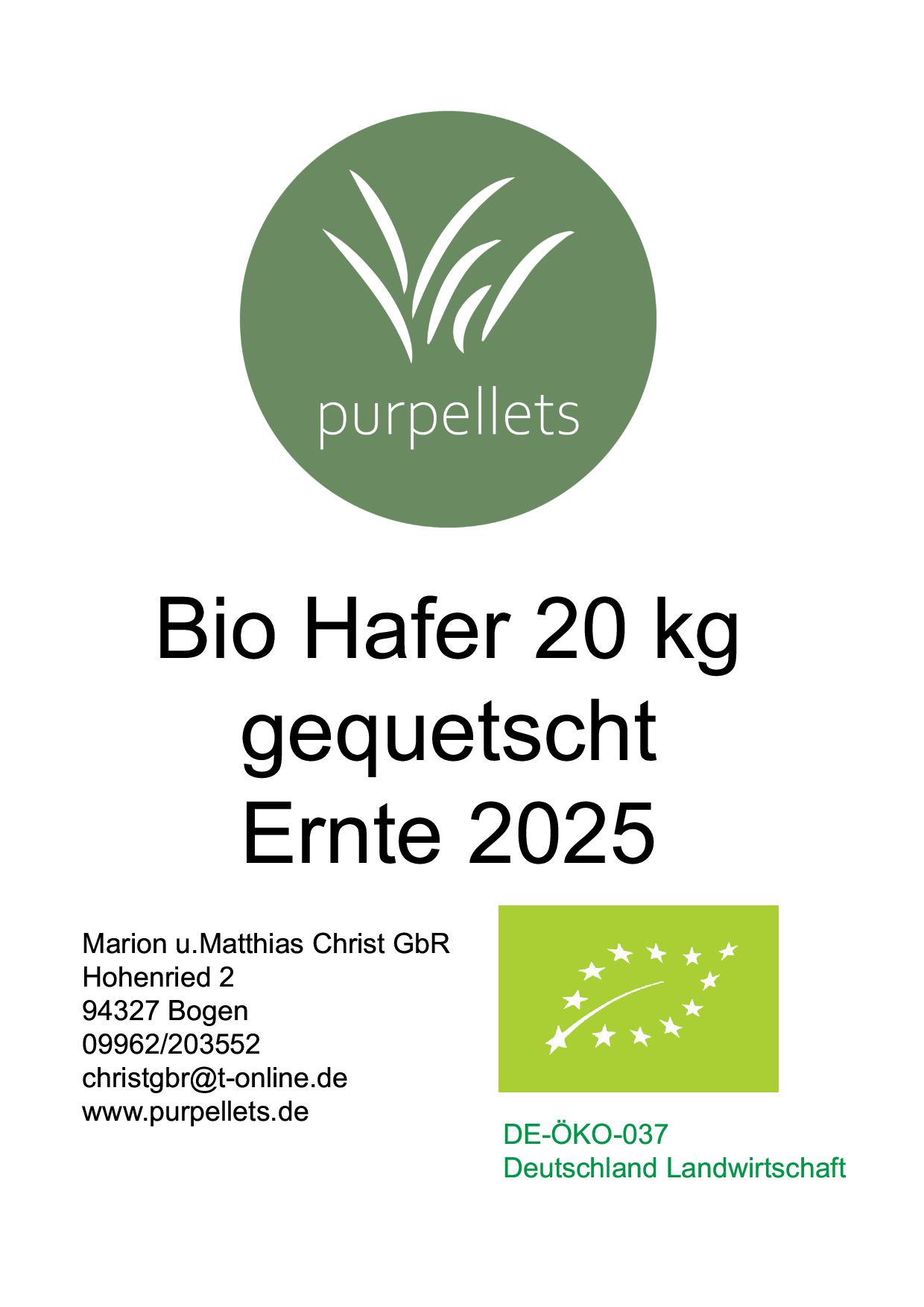 Bio Hafer gequetscht, 20kg